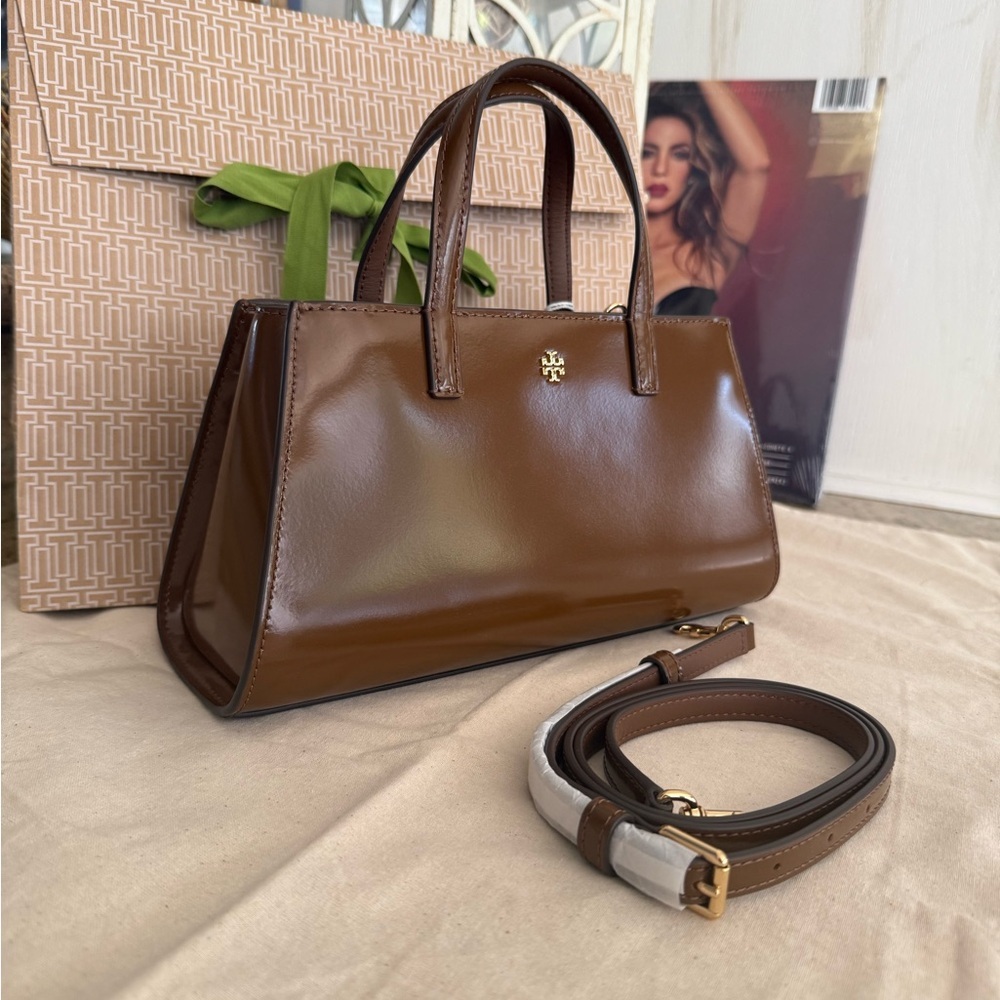 New 450+ Tory Burch Emerson mini tote in rich walnut color Leathe - Picture 11 of 12